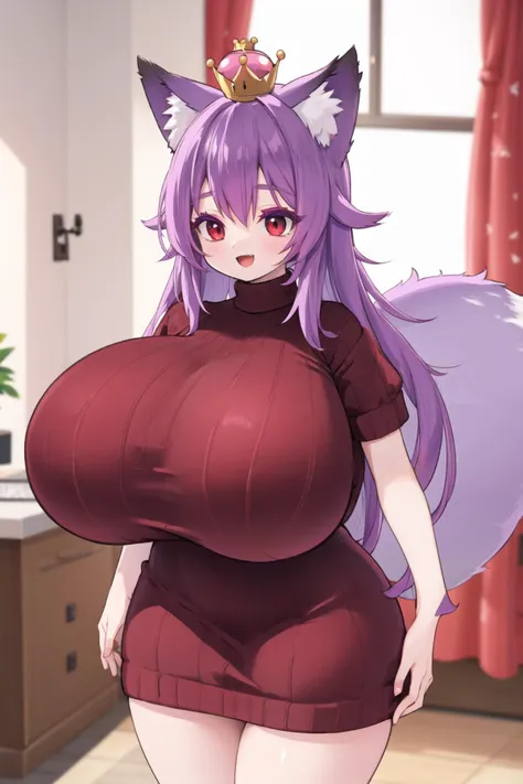 <lora:supercrown2-10:0.6>, super crown, <lora:futon-10:0.6>, wide hips, red eyes, purple hair, fox ears, fox tail, indoors, sweater dress, short sleeves, gigantic breasts, :d