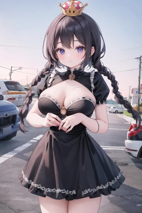 <lora:supercrown2-10:0.6>, super crown, outdoors, twin braids, large breasts, cowboy shot, dress