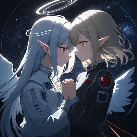 masterpiece,hyperdetailed,celestial being in the form of an elf girl, 2 white angel wings,(huge angel wings:1.2), space background, elf ears, anime style,detailed hands,good hands,good fingers, detailed fingers,interlocking fingers, high contrast
