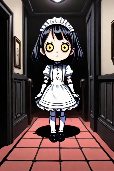 Comic portrait, best quality, <lora:Charles_Schulz_Style_Dim32:.9> Charles_Schulz_Style_Dim32, <lora:junji_ito:.7> junji_ito style, <lora:cutestyle:.8> cutestyle, one cyborg battle maid, classic science fiction robotic features, glowing eyes, cute and creepy, solo, interior of a gothic mansion, chibi, style parody, full body