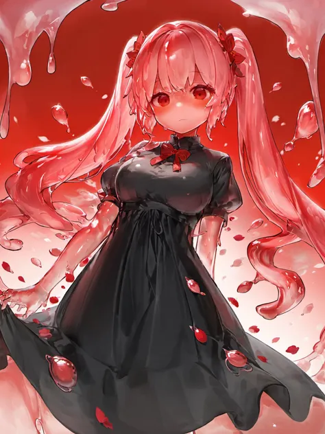 masterpiece, (aesthetic style:0.7), 1girl, (slime girl:1.1), solo, looking at viewer, braid, pink hair, floating hair, from below, long hair, black dress, short sleeves, red flower, twintails, closed mouth, red eyes, gradient background, petals, <lora:YQBdbuF:1>
