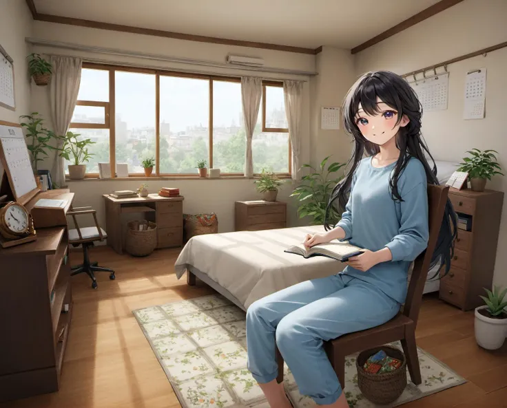 (JJROOM, scenery,clock, bed, indoors, curtains, window, sitting, black hair, plant, book, calendar (object), computer, shirt, pants, bedroom, chair, rug, air conditioner, wide shot, laptop, 1girl, basket,:1.6),
(mxtlvx1:1.6), asian, black long hair, anime,
(masterpiece:1.0), (best quality:1.0), (ultra highres:1.0),(ultra detailed:1.0),
detailed beautiful skin, kind smile, detailed beautiful face, petite figure, detailed skin texture, pale skin, thigh gap, detailed hair, detailed eyes, glistening skin,
detailed eyes,skin imperfections, freckles, detailed skin texture, natural skin texture, detailed cloth texture, beautiful detailed perfect face, perfect face, Extremely high-resolution, photographic, lifelike, photo-realistic, amateur photo,
<lora:mxtlvxV2presetfromweb-000007:0.6>, <lora:chubby:-1>, <lora:smiling:1> ,<lora:fix_hands:1> ,<lora:repair_slider:1>, <lora:add-detail-xl:0.7>, <lora:jyoshi_no_heya_SDXL_V1:0.7>, <lora:hinaTuningFaceDetailer-sdxl:0.5>