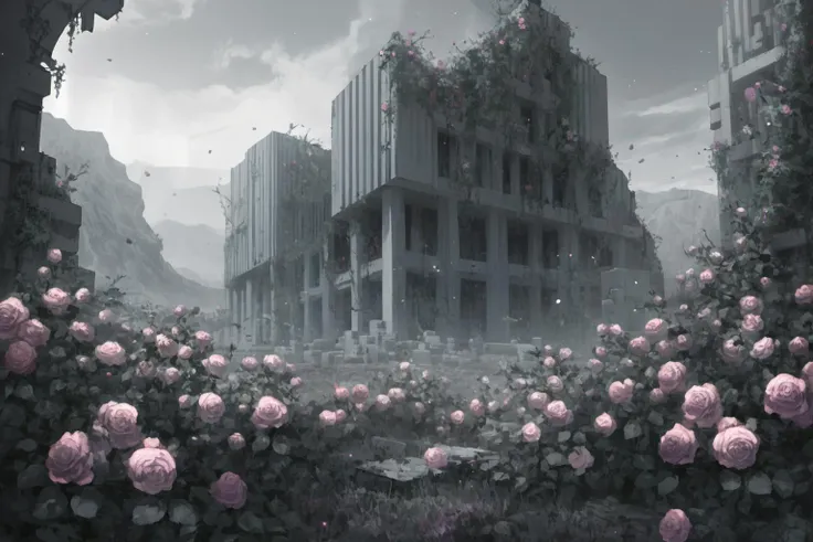 masterpiece, overgrown brutalism, Silver glow, Antique Rose flowers, (acid trip), breathtaking landscape, <lora:Overgrown_Brutalism_SDXL:.8>