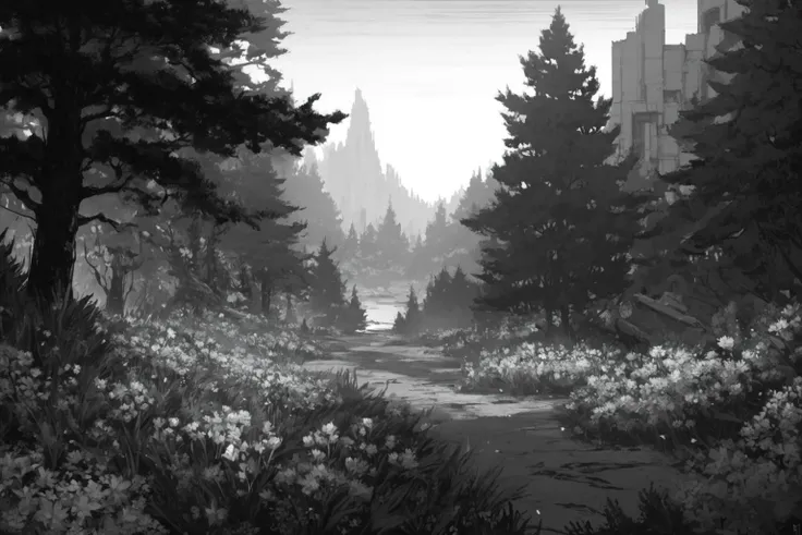 masterpiece, overgrown brutalism, Tan glow, glowing trees, Evergreen flowers, (magical), breathtaking landscape, detailed digital oil painting artwork, highly detailed, artstation, illustration, Greg rutkowski, in the style Yoji Shinkai æ æ± ä»å· trending on artstation C932: 1 ratio chromatic light, very long red curly horns, cyan and turquoise stripes, epic beautiful landscape landscape in the horizon: 1 <lora:Overgrown_Brutalism_SDXL:.8>