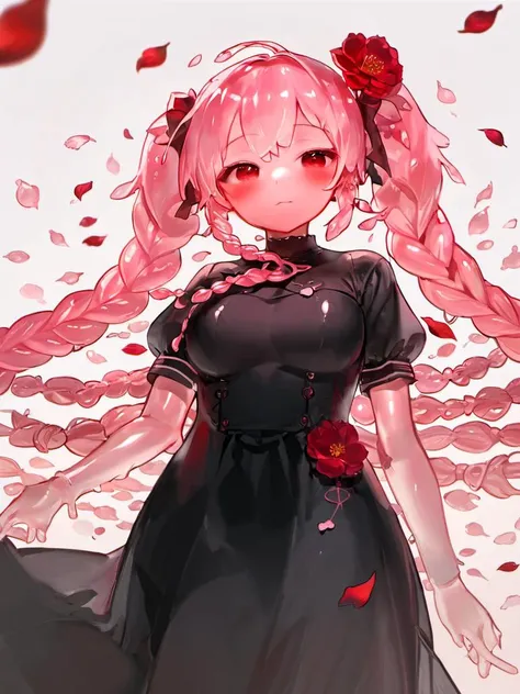 masterpiece, (aesthetic style:0.7), 1girl, solo, looking at viewer, braid, pink hair, floating hair, from below, long hair, black dress, short sleeves, red flower, twintails, closed mouth, red eyes, gradient background, petals, <lora:QHk1PiC:1>