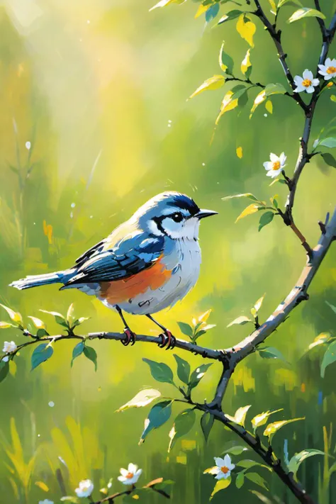 Tilt-shift photo of Impressionist painting (in style of Lucy Grossmith),8k,a bird stands on a branch,close-up,. Loose brushwork,vibrant color,light and shadow play,captures feeling over form,<lora:xl_more_art-full_v1:0.9>, . Selective focus, miniature effect, blurred background, highly detailed, vibrant, perspective control