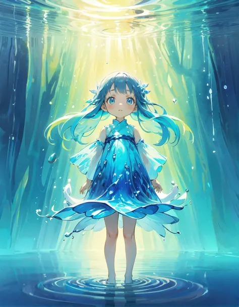 masterpiece, best quality, extremely detailed, (illustration, official art:1.1), 1 girl ,(((( light blue long hair)))), ,(((( light blue long hair)))),light blue hair, , long hair ((blush)) , cute face, masterpiece, best quality,(((((a very delicate and beautiful girl))))),Amazing,beautiful detailed eyes,blunt bangs((((little delicate girl)))),(((tareme))),droopy eyes.(true beautiful:1.2), sense of depth,dynamic angle,,,, affectionate smile, (true beautiful:1.2),,(tiny 1girl model:1.2),)(flat chest), pastel chiffon dress, cgsociety competition winner, Wet shirt effect, Water Effects. splashing water, squirting,,Long Ong water splashed all over the area.,  Beautiful lighting elements, Beautiful corner, Smooth Movement, Winning photos, cute picture, Powerful photos, backlit photography, backdrop is the atmosphere is like being in a fairytale forest., There is a beautiful waterfall., It was filled with small white flowers and several fireflies. Long shot	、Background with waterfall and water drops