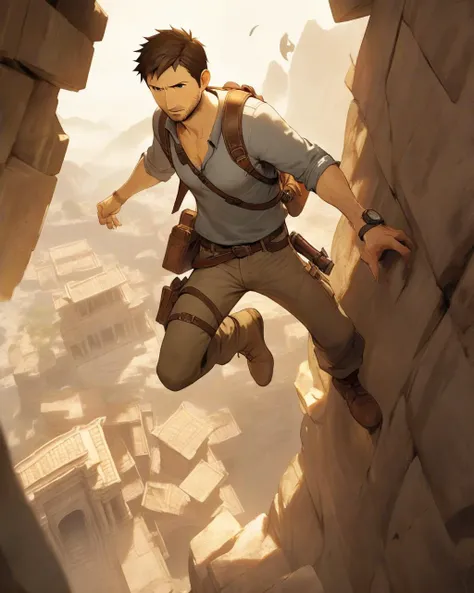 Anime, Nathan Drake, the charming treasure hunter, with a mix of desperation and determination, clings precariously to an unstable cliffside in a remote location. Even as he holds on, he doesn't hesitate to fire his dual pistols at approaching mercenaries from above. Behind him, an ancient temple's entrance collapses, spewing golden artifacts and treasures amidst clouds of dust and mystery.