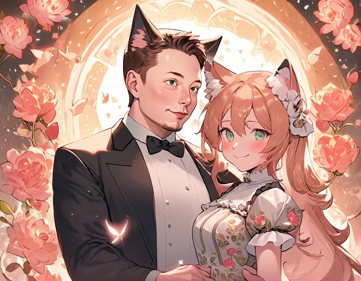 ((elon musk)), couple, and a beautiful ((1girl)) catgirl wearing maid dress cat ear, upper body, half body, facing viewer, masterpiece highly detailed art, floral fluttering bloom background, light particles nouveau