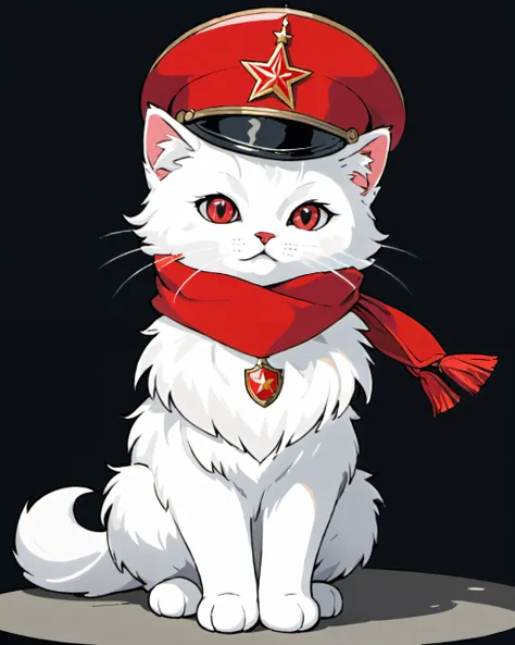 (masterpiece, best quality, absurdres:1.2), a fluffy white kitten sitting wearing a red scarf and peaked military cap, in the style of a soviet propaganda poster