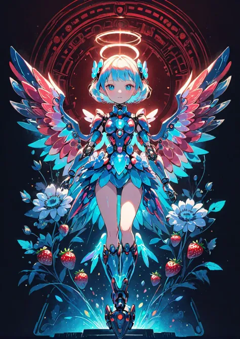 (masterpiece , best_quality ) , ( black background , iridescent_holographic , blue_light particle , 2D:1.3 ) ,Mechanical strawberry_girl robot with cool looking wings , mix girl:1.4 and anemone girl , stylish drawing:234, carefully drawn: 100, round lines: 60, soft detailed, hyper,red body,dungeon,red