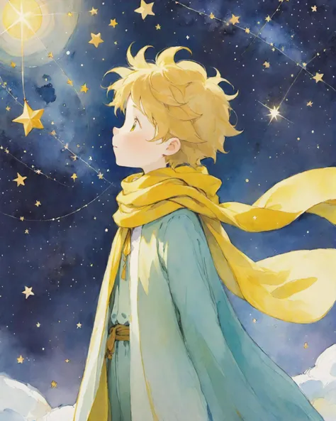 illustration of the little prince in a long yellow scarf among the stars, last adventure, completely white picture, extremely soft colors, watercolor, by Hannah Dale,