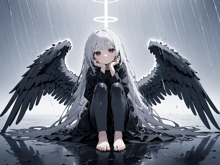 (perfect composition:1.0), (masterpiece:1.5), full body,
fallen angel, (angel wings:1.3), sitting,
petite, (small breasts:1.3), (sad:1.5),
long hair, (white hair:1.3), red eyes,
(black liquid:1.9), (tar:1.9), (black rain:1.4),
