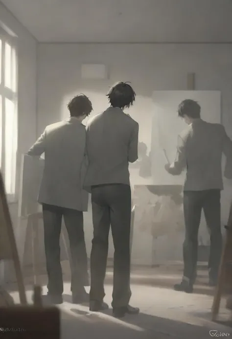 rikaartist, pure faraden male characters, artist painting, each with their own unique male character traits, artistrika, malecharacters, while an artist named rika is busy painting a scene on a large canvas behind them, purebred males, a group of purebred faraden males are standing in a room, rika on canvas, faradenmalecharacters, artisticscene, unique character traits
