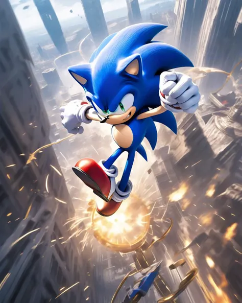 Anime, Sonic the Hedgehog, with his signature blue blur, speeds along a spiraling track in his quest to collect golden rings. Below, a sprawling cityscape races by in a blur, while above, Dr. Robotnik's menacing flying machine drops a barrage of bombs, each explosion threatening Sonic's continued pursuit of freedom and justice.