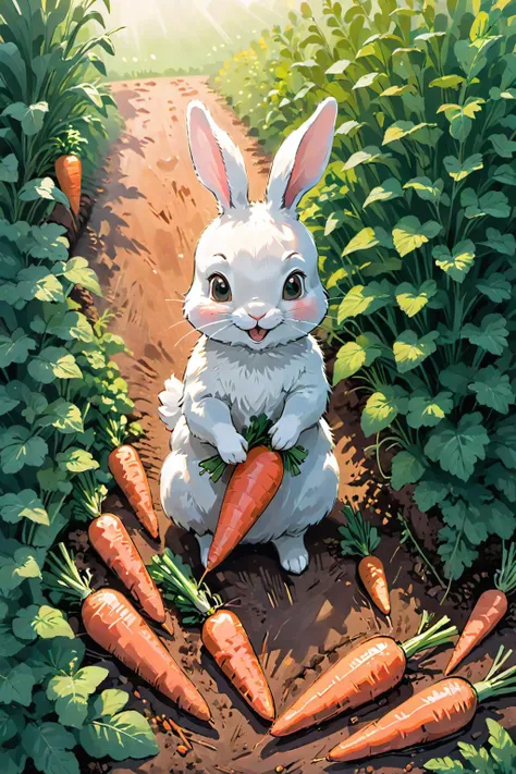 masterpiece,best quality,Soft and warm color palette,The beginning of the story is always very gentle,soft lighting,bright,vivid,happy,fun,<lora:xl_more_art-full_v1:0.9>,(a rabbit is pulling carrots in the garden),(dressed),close-up,