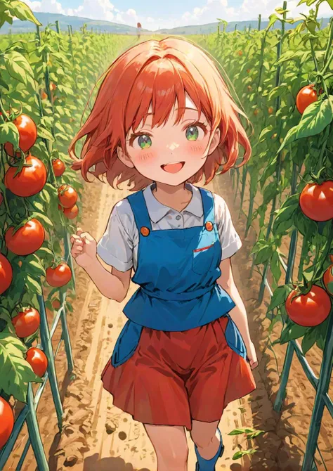 (tomato girl),(very_softly draw:1.5 , very_carefully drawing:1.5) , (masterpiece , best_quality ) , ( Tomato farm background , Tomato field work clothes ),(great_clear_eyes:1.2),(cartoonish:1.6),(high resolution 4K), (high-detailed), (illustration:1.3), dramatic angle,cinematic shot, (picture_level hyper),happy_smile,