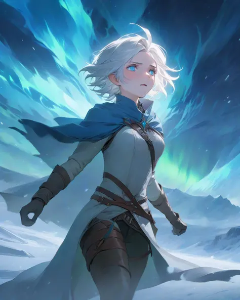 Anime, Ciri, with her distinctive ashen hair flowing, blinks rapidly through a vast frozen wasteland, leaving ethereal after-images in her wake. Eldritch blue flames chase after her relentlessly, while above, the aurora borealis unfolds in a brilliant spectacle, painting the sky in a dance of colors.