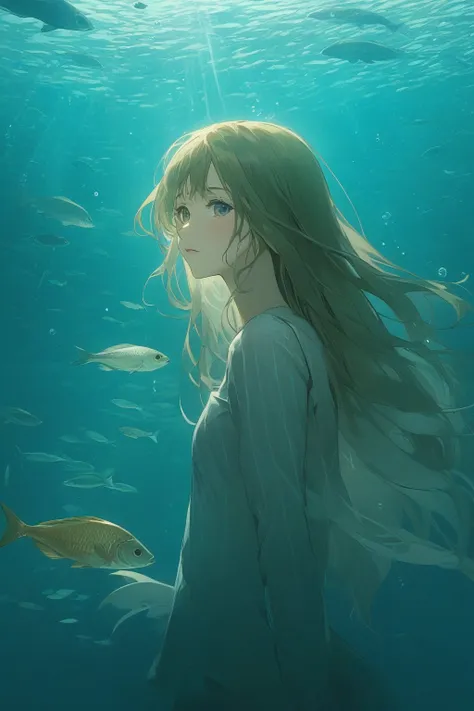 (masterpiece, best quality, highres, anime), (1girl, long hair, looking at viewer, blush, underwater, fish, ocean, vegetation),
