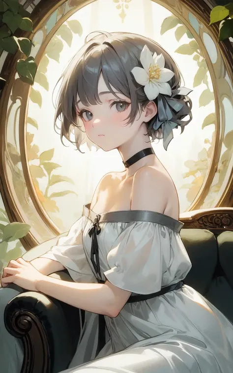 A portrait of a 12-year-old girl, looking at viewer, small breasts, she is wearing white silk off shoulder dress, hair ribbon, choker, 
black short hair, grey eyes, eyeshadow, blush, stylish pose, 
leaning on couch, flora and fauna, light rays, rim light, Rembrandt-lighting, art nouveau, Alphonse Mucha,