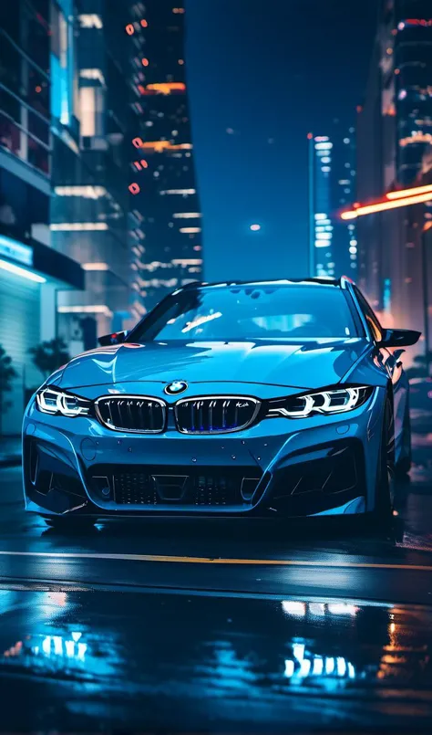 a bmw car, night city, epic photo, highly detailed, masterpiece, blue neon lights, cinematic angle, best quality, solo, bokeh, pixiv, depth of field