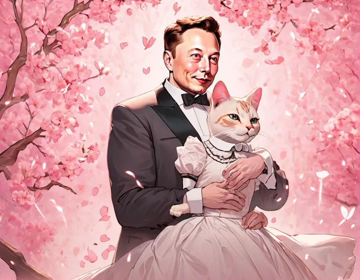 ((elon musk)), couple, and a beautiful anthromorphic cat wearing maid dress cat, upper body,  half body,  facing viewer, masterpiece highly detailed art, sakura pink floral fluttering bloom background, light particles nouveau