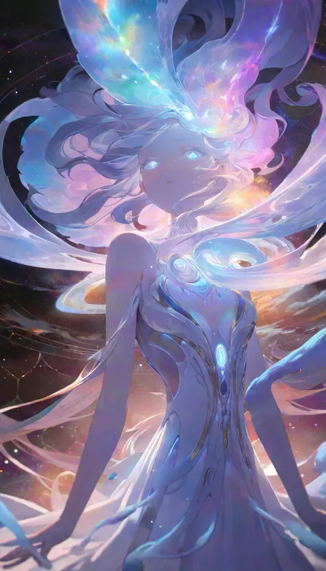 best quality, masterpiece, absurdres, highres, 4k,
ethereal female entity, otherworldly, mystical, multidimensional, enigmatic dissolved transparent body, majestic aura, bioluminescence colorful hues, subsurface scatter, volumetric light, runes, symbols, transparent skin detail, cosmic energy, galactic nebulas swirling, feminine, amazing detail, model,