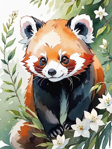 Watercolor painting (((masterpiece))),(best quality),
illustration of a little forest creature,(completely white picture),(white flower),((red panda)),extremely soft colors,white theme,watercolor,by Hannah Dale, . Vibrant, beautiful, painterly, detailed, textural, artistic