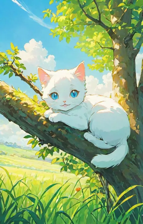 anime artwork a white cat is lying on a branch,grin,happyongdal,outdoors,no humans,grass,scenery,sky,tree,day,cloud,nature,bush,blue sky,hayao miyazaki's works,, (((masterpiece))),(((best quality))),((ultra-detailed)) . anime style, key visual, vibrant, studio anime, highly detailed