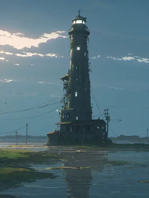 ruined lighthouse, half flooded with water, post-apocalyptic world, dilapidated buildings, by makoto shinkai