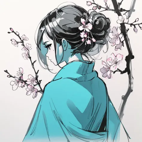 black and cyan ink sketch 1girl, woman, eyeliner, mascara,  from behind, looking_back, looking_at_viewer,  cherry_blossom, mist, steam, smokey, ((towel)),
