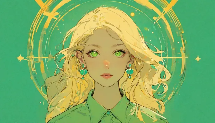 cosmic, universe, stars, flyer, graphic design, bauhaus, structure, symmetrical, masterpiece, best quality, (1girl:1.3), aqua eyes, blonde hair, closed mouth, earrings, green background, hoop earrings, jewellery, looking at viewer, shirt, long hair, simple background, solo, upper body, yellow shirt