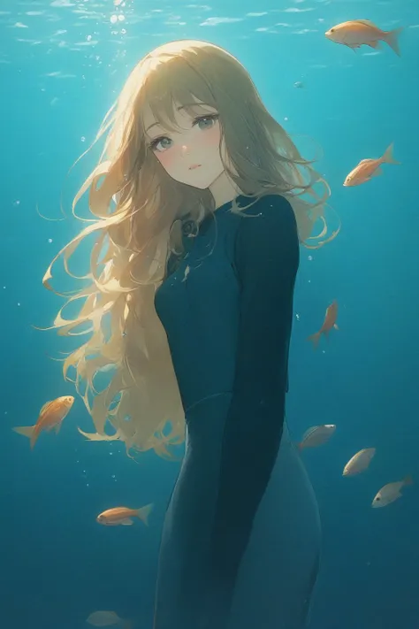 (masterpiece, best quality, highres, anime), (1girl, long hair, looking at viewer, blush, underwater, fish, marine),
