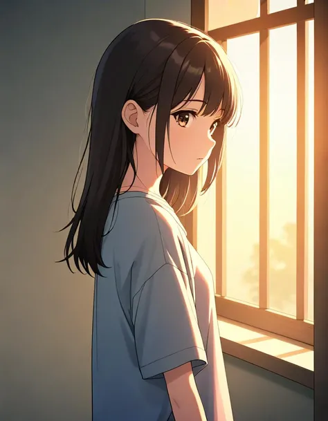 1girl, standing, looking out a window, anime style