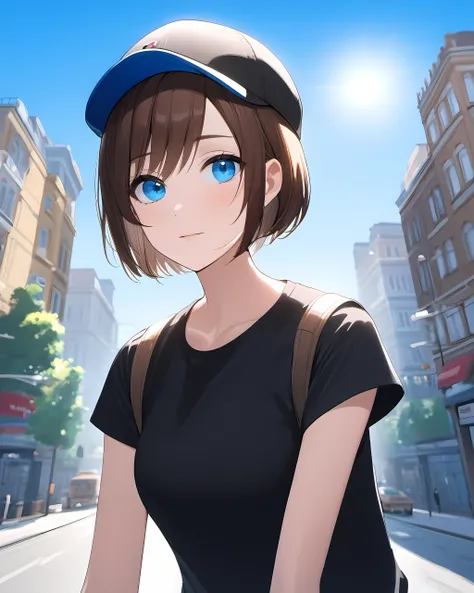 1girl, portrait, standing, short hair, brown hair, blue eyes, black T-shirt, (cap sleeves:1.3), outdoors, city, street, blue sky, sunlight