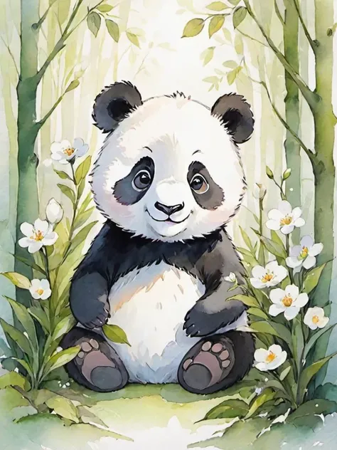 Watercolor painting (((masterpiece))),(best quality),
illustration of a little forest creature,(completely white picture),(white flower),cuteg,smile,panda,extremely soft colors,white theme,watercolor,by Hannah Dale, . Vibrant, beautiful, painterly, detailed, textural, artistic
