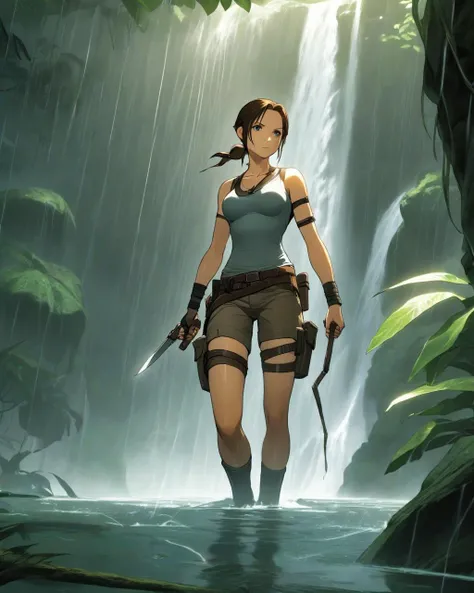 Anime, Lara Croft, drenched from the rain in a dense jungle, meticulously repels down a cascading waterfall. Around her, the jungle comes alive with the sounds of wildlife. The shimmering water crashes, revealing hidden pathways and ancient temple ruins glowing with a faint, mysterious light. Every lightning flash briefly reveals lurking shadows and secrets waiting to be uncovered.
