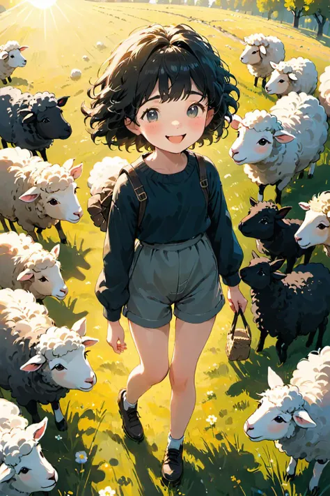 masterpiece,best quality,Soft and warm color palette,The beginning of the story is always very gentle,soft lighting,bright,vivid,dreamy,(dynamic angle:1.1),evocative use of light and shadow,(the little sheep shepherd girl),sunshine on the face,smile,light curly hair,black hair,messy hair,happy,incredible beauty,fun,high-waist_shorts,<lora:xl_more_art-full_v1:0.85>,