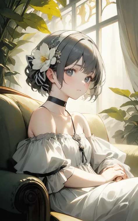 A portrait of a 12-year-old girl, looking at viewer, small breasts, she is wearing white silk off shoulder dress, hair ribbon, choker, 
black short hair, grey eyes, eyeshadow, blush, stylish pose, 
leaning on couch, flora and fauna, light rays, rim light, Rembrandt-lighting, art nouveau, Alphonse Mucha,