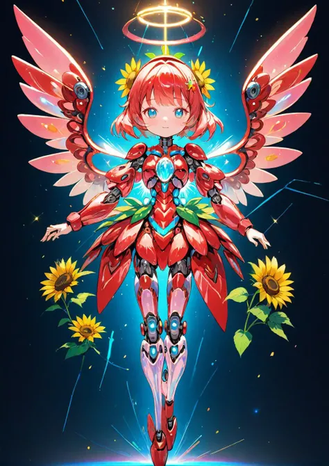 (masterpiece , best_quality ) , ( black background , iridescent_holographic , blue_light particle , 2D:1.3 ) ,Mechanical strawberry_girl robot with cool looking wings , mix girl:1.4 and sun_flower girl , stylish drawing:234, carefully drawn: 100, round lines: 60, soft detailed, hyper,red body,dungeon,red