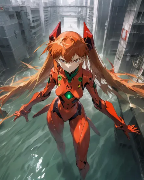 Asuka Langley Soryu pilots her Evangelion Unit-02, fiercely clashing with an Angel amidst Tokyo-3's submerged streets. Building alarms blare, as the Angel's energy distorts reality, making every move crucial.