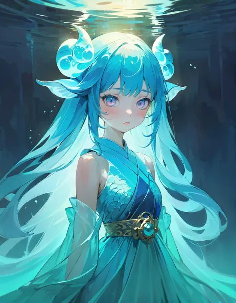 portrait of a water demon girl in a ghostly form, luminous, closeup, eerie, surreal and mind-bending setting, inspired by Japanese mythology, dreamlike environment, soft pastel colors,