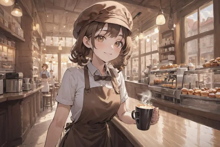colorful, shine, beautiful-detailed eyes, solo, solo focus, 1girl, disheveled hair, beautiful detailed sky, dynamic angle, dynamic hair, cinematic light, glow white particles,
cafe, brown beret, brown apron,
light smile,

Style - Cozy and Quaint

Background - Charming Café with Rustic Interior

Subject - Barista Wearing a Brown Beret and Apron

View - Inviting Scene Bathed in Morning Sunlight

Appearance - Casual and Approachable

Outfit - Brown Beret and Front-Tie Apron

Pose - Engaged in Café Work, Serving Customers

Details - Steam from Coffee Cups, Display of Pastries

Effects - Warm Morning Sunlight Creating a Comforting Ambiance

Description - "Step into the cozy embrace of a quaint café, where the morning sunlight filters in through the windows, casting a warm and inviting glow. As you enter, your gaze is drawn to the barista behind the counter, a friendly figure wearing a brown beret and an apron tied neatly at the front.

The café's rustic interior complements the barista's attire, creating an atmosphere of comfort and relaxation. The wooden furnishings and warm hues create a harmonious space that seems to welcome guests to linger and enjoy a quiet morning.

The barista's appearance is casual yet stylish, embodying the café's laid-back vibe. The brown beret adds a touch of charm, while the front-tie apron serves as a practical and fashionable addition to the ensemble.

With a skillful hand, the barista works diligently, preparing and serving a variety of hot beverages to customers. The gentle hum of conversation and the rich aroma of freshly brewed coffee fill the air, creating an atmosphere that is both familiar and comforting.

As you watch the barista expertly craft each order, you can't help but be captivated by the steam rising from the cups, creating an almost ethereal quality in the morning sunlight. The display of pastries and baked goods adds to the café's allure, tempting you to indulge in a sweet treat to accompany your drink.

The morning sunlight plays a significant role in enhancing the café's ambiance, bathing everything in a soft and golden glow. It's a scene that invites you to savor the simple pleasures of life – a hot cup of coffee, the warmth of the sun, and the genuine hospitality of the café.

In this corner of tranquility, time seems to slow down, allowing you to fully appreciate the beauty of a peaceful morning. The barista's presence and the café's ambiance come together to create an experience that feels like a warm embrace, a respite from the hustle and bustle of the outside world."

