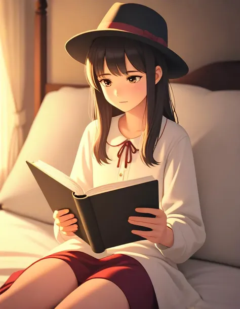 1girl, sitting in bed reading a book wearing a fedora,, cinematic style