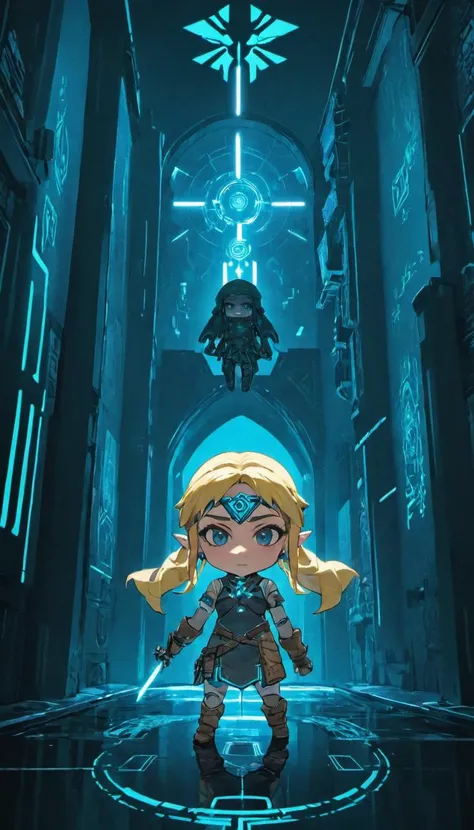 masterpiece, best quality, high quality, Cyberpunk Zelda, chibi, nendoroid, cyberpunk style <lora:nendoroid_xl_v7:1>, cinematic scene, detailed background, vivid