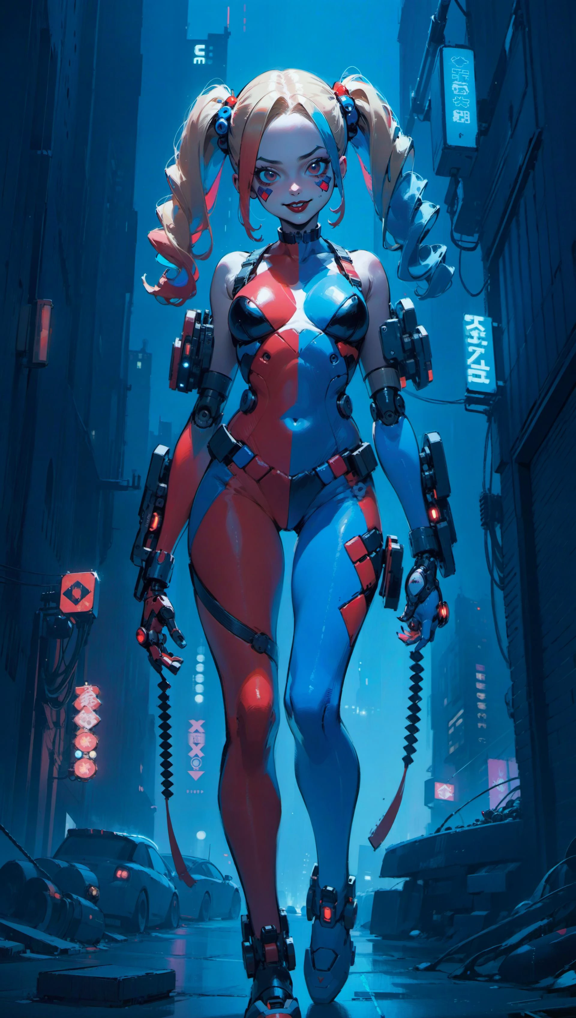 high quality, looking at viewer, full body, a cyberpunk style of harley quinn, two pigtails with red and blue tips, neon glowing lights in cityscape, robot, <lora:CyberPunkAI:0.2> <lora:HarleyQuinn:0.75>