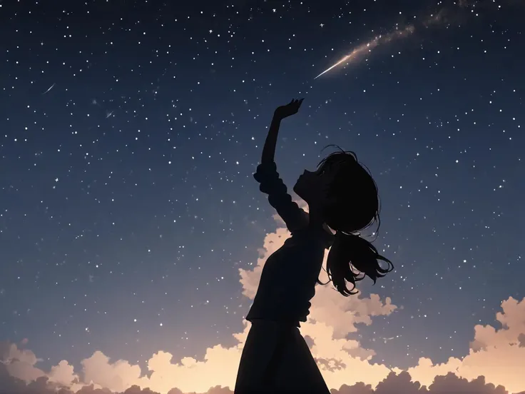1girl, a silhouette of girl looking up to the sky, cloud, comet, hand try reaching the sky, night sky, stars, cinematic light, close up, (half body:1.5), (medium shot:1.5), <lora:anime_sdxl_v2:0.7>, <lora:add-detail-xl:1>