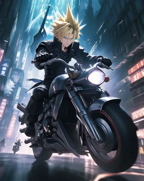 Anime, Cloud Strife, with his iconic spiky blonde hair, races on a roaring motorcycle, slashing skillfully at pursuing Shinra troops. The dystopian city of Midgar's multilayered neon lights rush by in a dazzling display, casting brilliant reflections on his massive Buster Sword, creating a harmonious dance of light and metal with every swing.