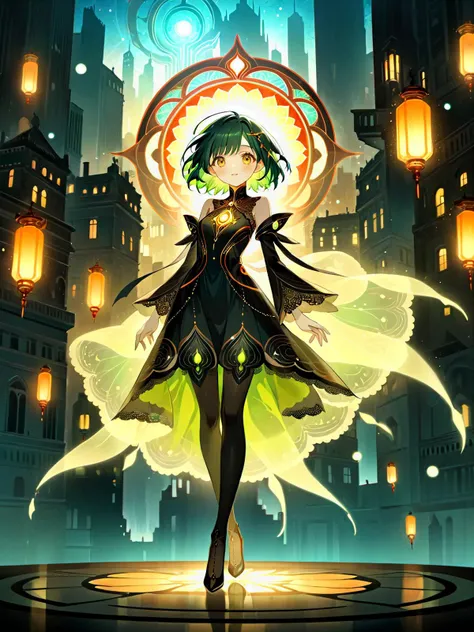 ultra-detailed, gorgeous, short jade-dyed hair, golden eyes, fantasy style dress, blushing, confident expression and pose, city backdrop, high stylization, depth of field, bokeh effect, backlit, stylish, elegant, breathtaking visual richness, full body shot, masterpiece, Art Nouveau influences, Yoshitaka Amano-inspired ethereal beauty, Alphonse Mucha-style intricate floral patterns, cyberpunk neon cityscape, delicate lace and silk textures, whimsical yet dark atmosphere, surreal Tim Burton-esque architecture, glowing accents, otherworldly aura, provoking yet mysterious demeanor