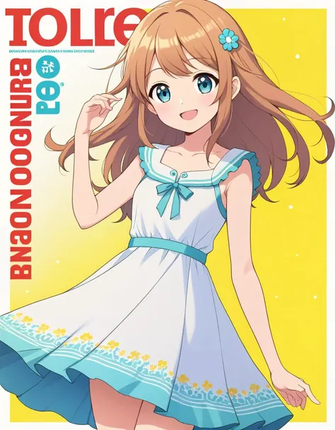1girl, sundress, standing, looking at viewer, smile, wave, idol magazine cover, anime style
